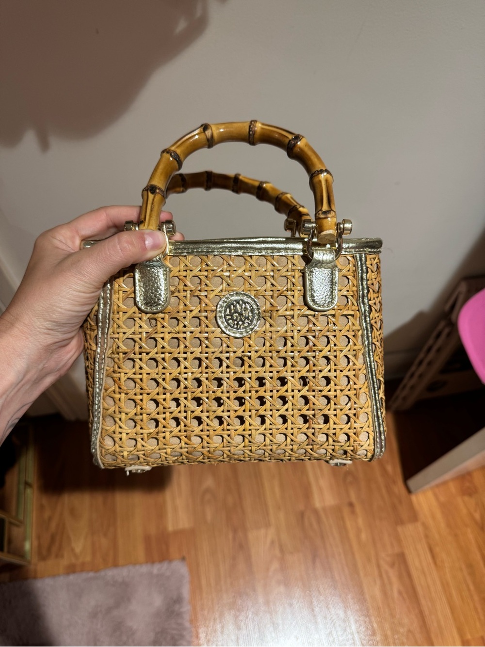 Lilly Pulitzer Adrian Cane Mini Bag woven rattan body and natural bamboo
